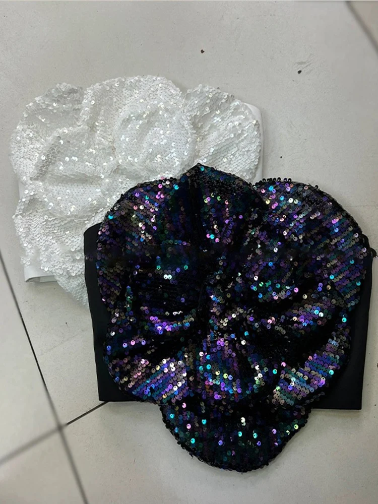 

French summer new retro colored sequins petals sexy backless small tube top sling outside wearing temperament jacket inside.