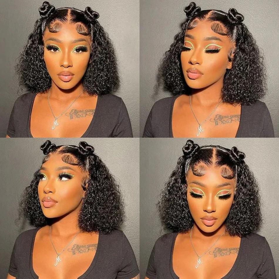 200 Density Curly Bob Wig Human Hair 13x4 HD Lace Frontal Deep Wave Wigs for Black Women Short Bob Wig Human Hair Glueless Wear and Go Deep Wave Lace Wigs Natural Black 14 Inch Pre Plucked image 5