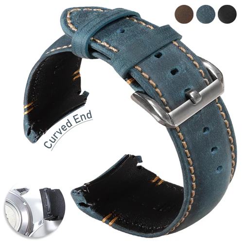 Imagen 1 del producto Correa de cuero hecha a mano de 20mm y 22mm, correa de reloj de piel de becerro con cera de aceite Retro con extremo curvado de alta calidad para Seiko para pulsera Universal Omega