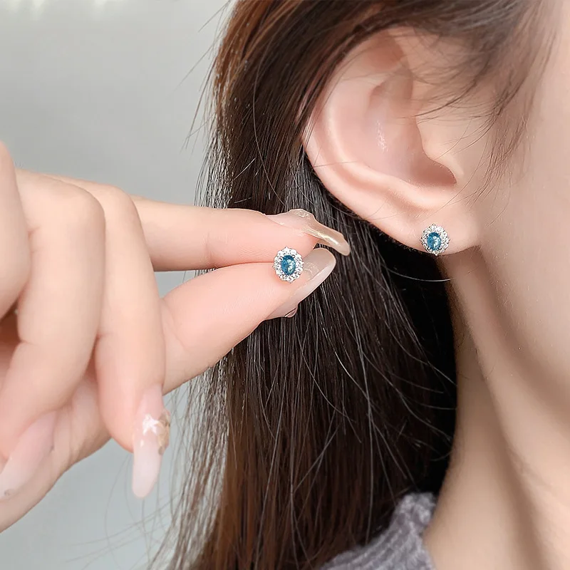 925 Sterling Silver Blue Zircon Flower Stud Earrings For Woman Piercing Earrings Luxury Elegant Jewelry Prevent Allergies