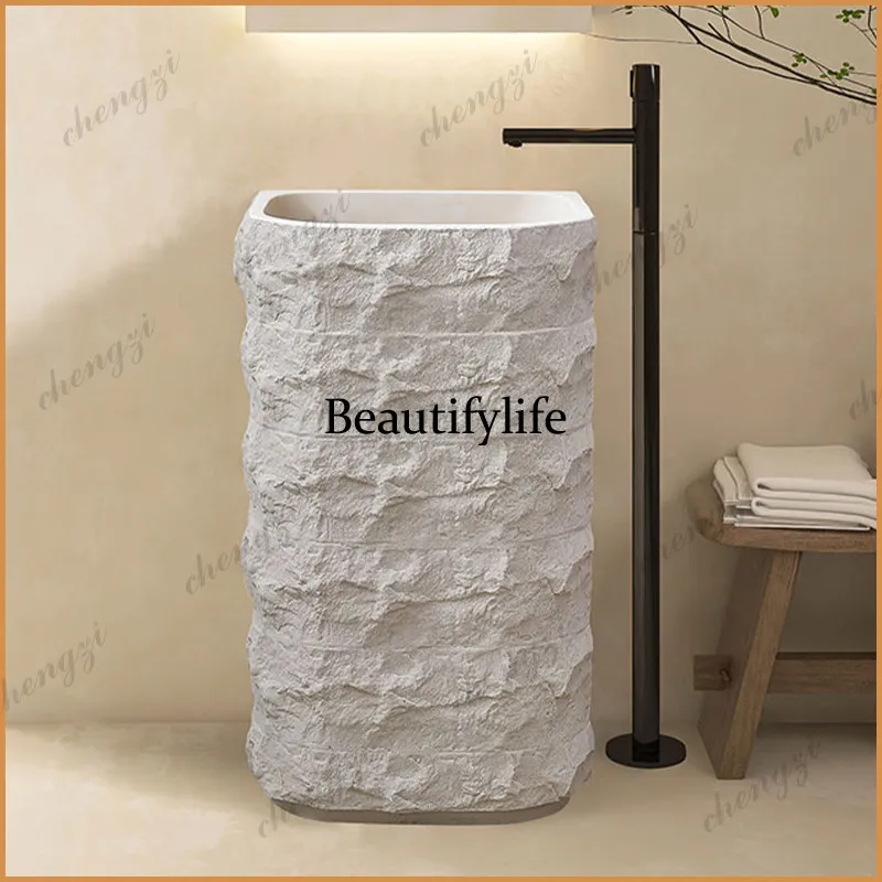 P37 Wabi-sabi Style Natural Marble Column Basin Floor-Standing Art Light Luxury Villa