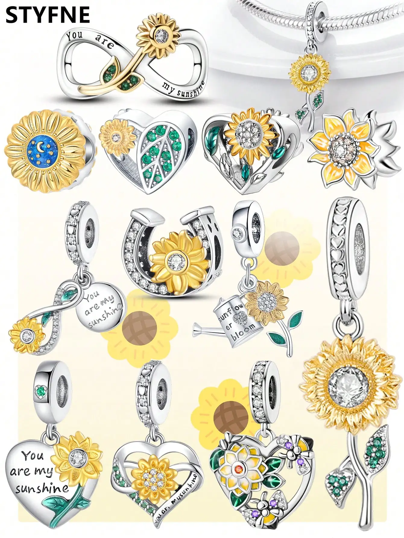 925er Silber vergoldet, Original-Charms, Frühlings-Sonnenblumen, Kirschperlen, passend für Armbänder, Damenschmuck, Geschenk