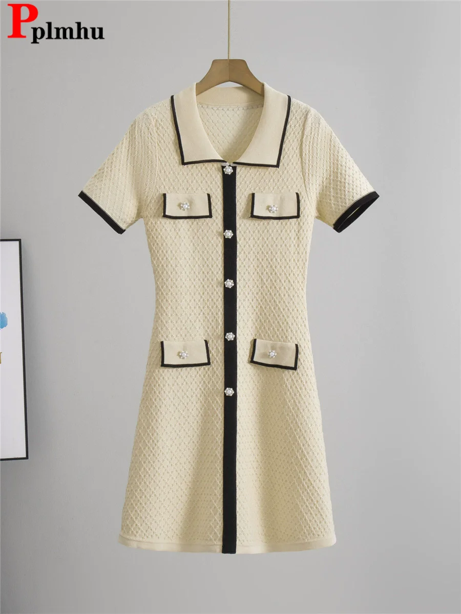 Design coreano elegante vestido forrado feminino polo pescoço de malha manga curta vestidos verão fino chique único breasted vestidos