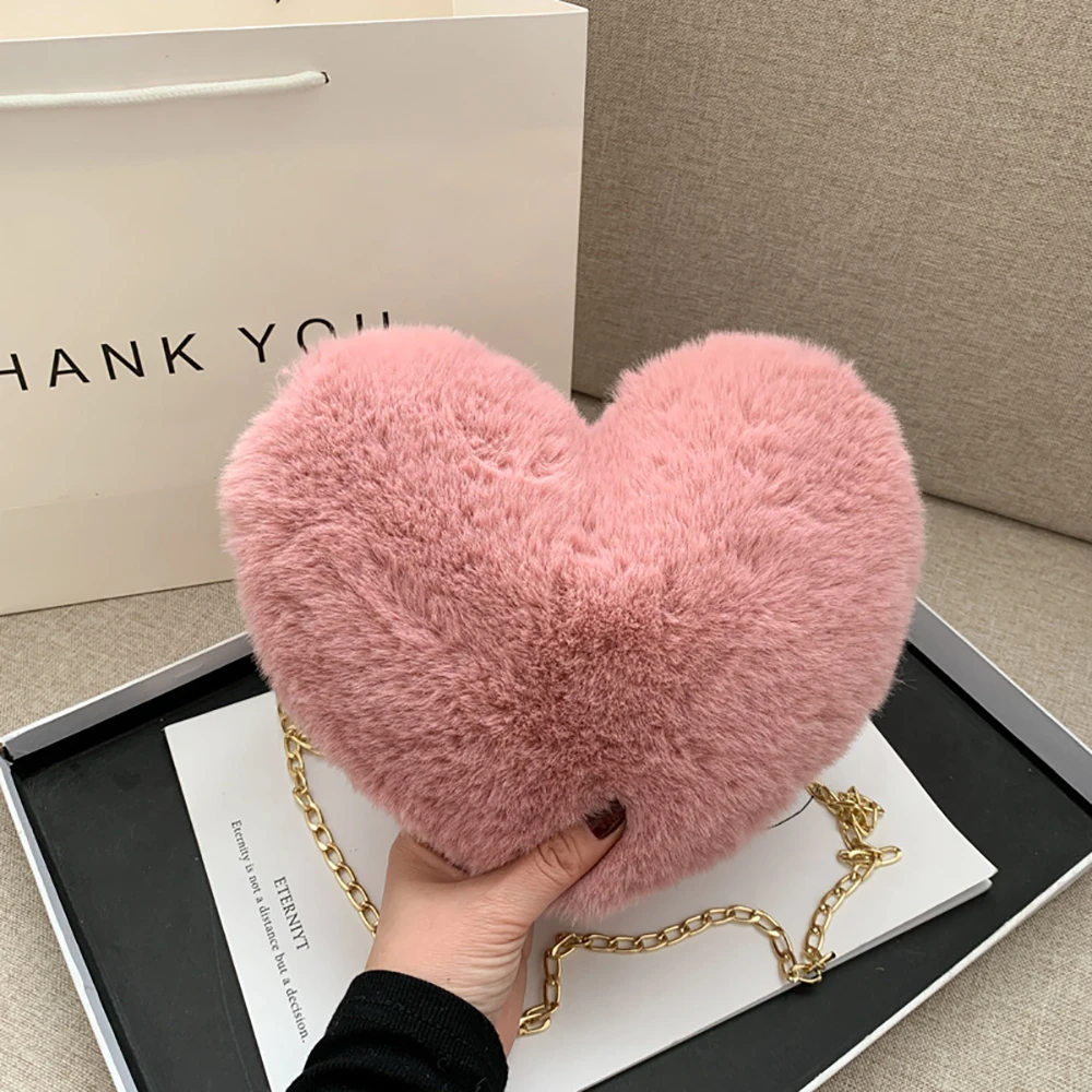 Simple Women Heart Shaped Handbags Cute Kawaii Faux Fur Crossbody Bags Wallet Purse Plush Chain Shoulder Bags Lady Handbag Gifts