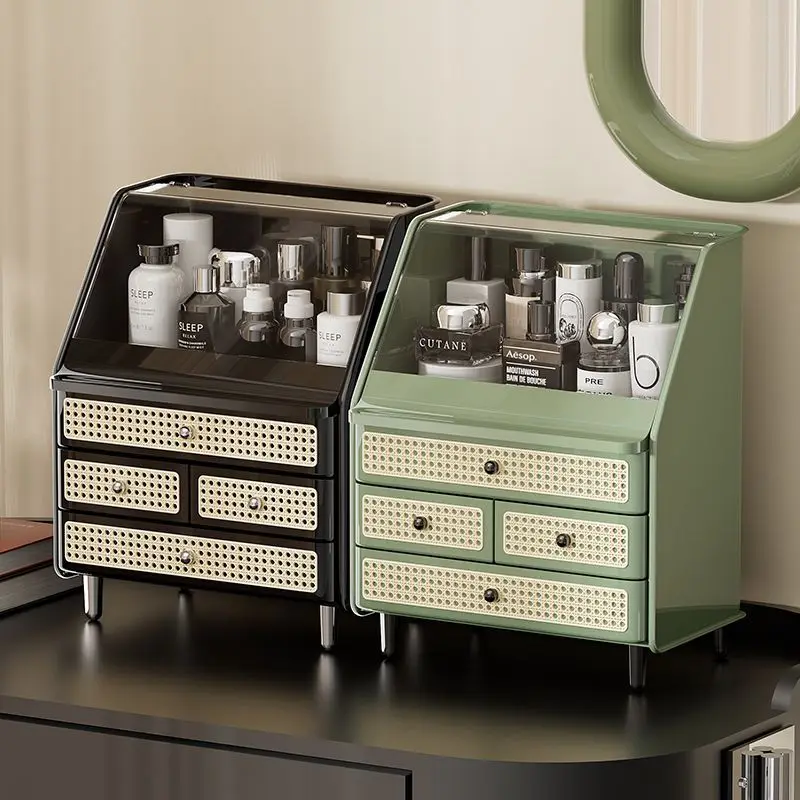 Rattan-style Makeup Organizer With Drawers Dustproof Cosmetic Storage Box With Clear Lid For Vanity Bathroom Countertop Skincare