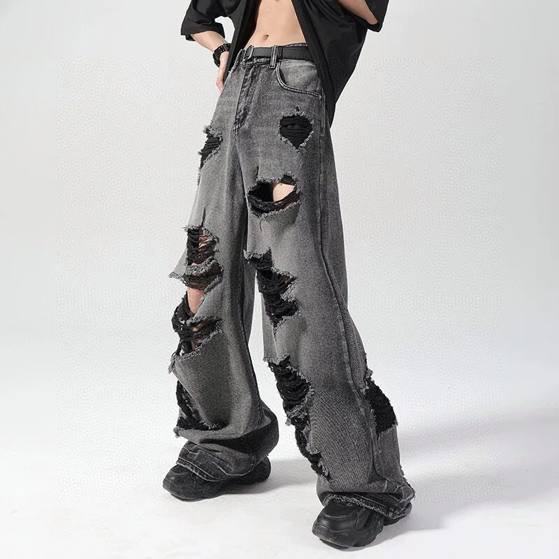 Hip-hop Damaged Hole Beggar Jeans Y2k Men Women Summer Tide Loose Do Old Wide-leg Pants American High Street Straight Drag Pants