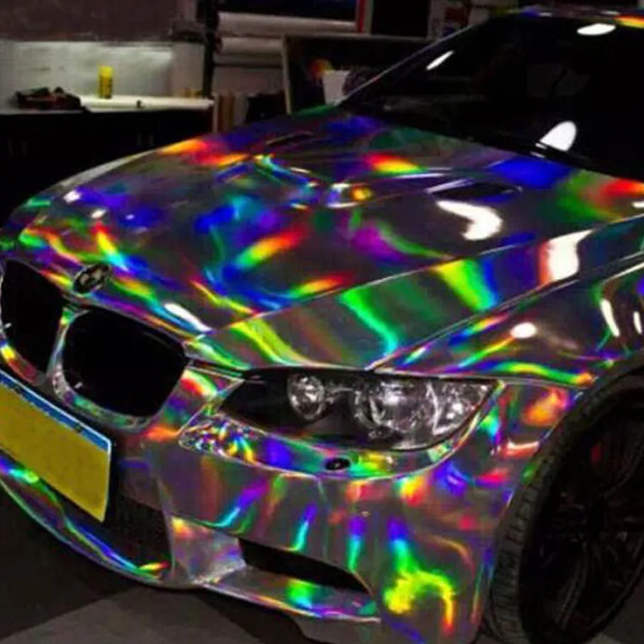 Premium Silver Laser Car Wrap Film Holographic Rainbow Sticker Car Styling Film Black Silver Chrome Vinyl Sample Free Ship