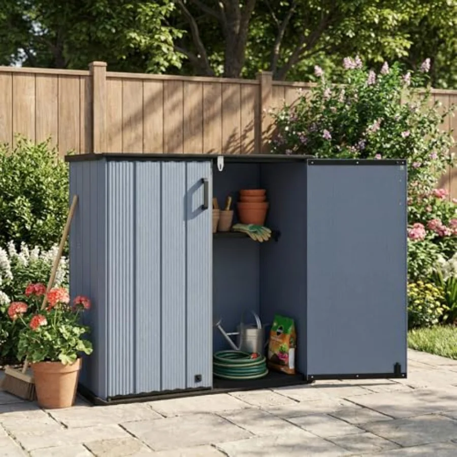 Outdoor storage shed for garden tools, weather-resistant resin, gray, 23.5 cu.ft capacity with floor, lockable door and removab