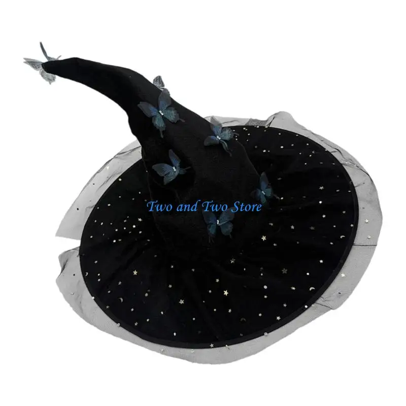HX6F قبعة الساحرة للهالوين تصميم قرن مطوي مع فراشة مطرزة للبالغين زي أسود أرجواني أزرق