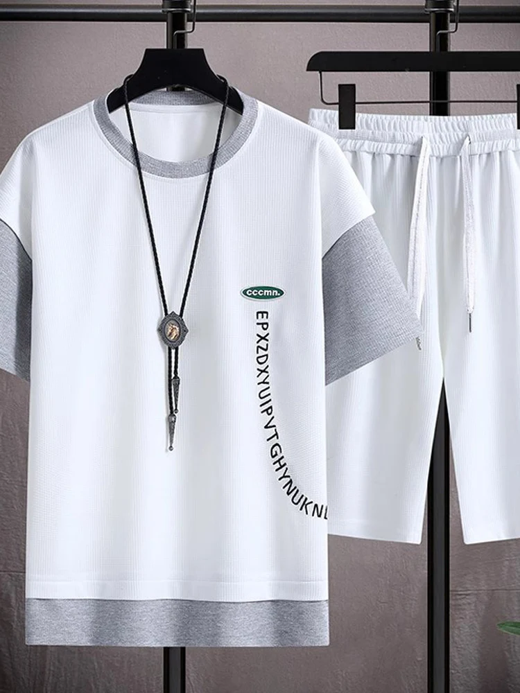 

Summer ort Sve Set Men's Patchwork Fake Two-Piece f Sve with Five-Quarter Pants Sport Two-Piece Set of Clothes