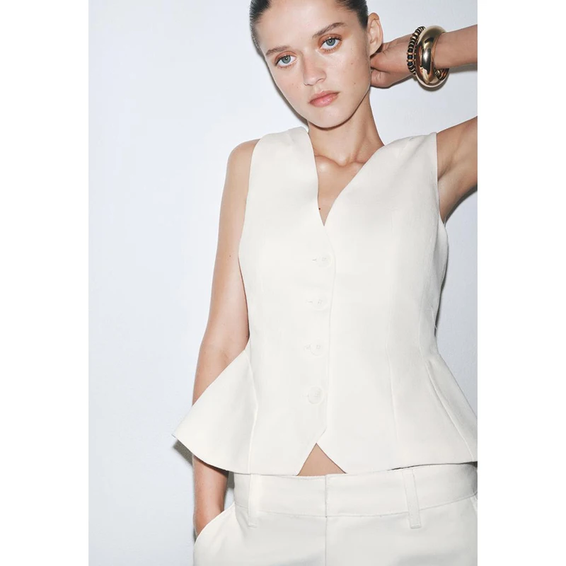 Neue Sommer-Damen-Leinenmischung Svel V-Ne Multi-Buled-Matte Vielseitige Weste Pendeln Sle Pure Color Polyester