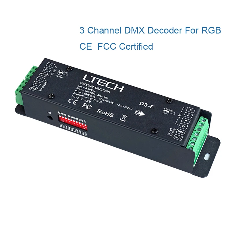 4-kanałowy dekoder stałe napięcie LTECH DMX/RDM DC12-24V 6A/CH 18A(4CH) 5A 4CH DMX512 Slave zielony Terminal/Port RJ45