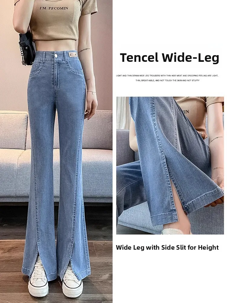 

plus Size Women's Summer Loose Thin Ice Silk Bell Bot Jeans High Waist Casual Sle Denim Pants Wide Leg Jeans