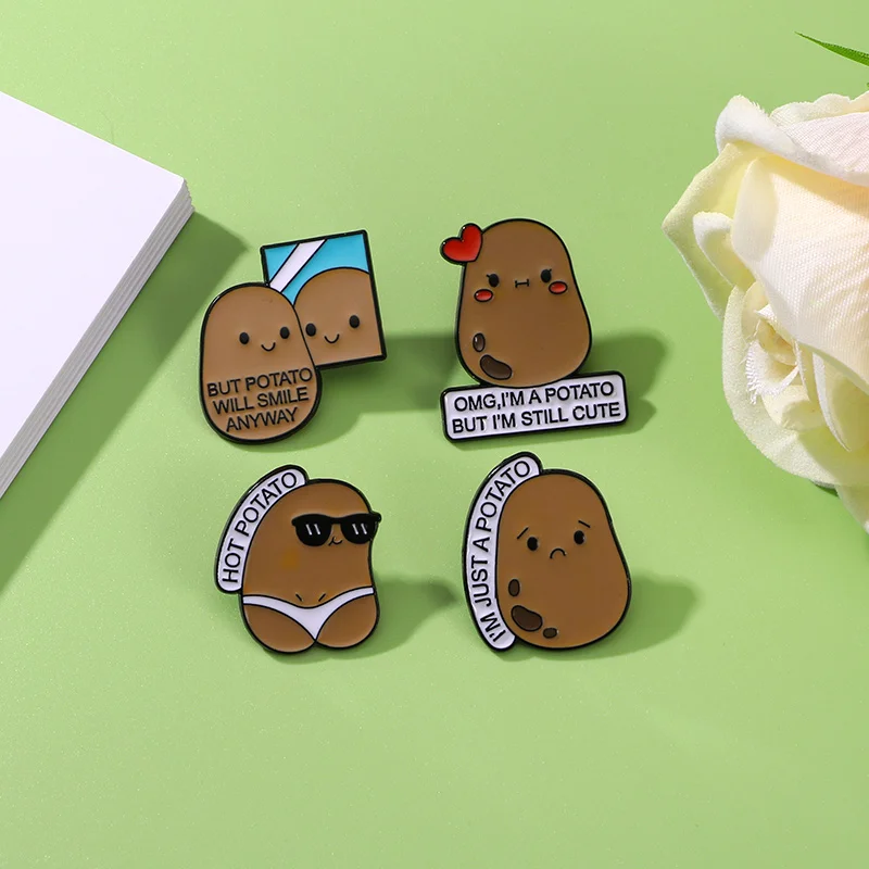 4Pcs/Set Funny Design Hot Potato Figure Series Pins Letter Still Cute Smile Anyway Enamel Brooches