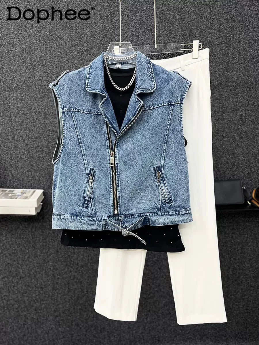 

Fashion 2024 New Denim Tank Tops Sleeveless Zipper Jacket Men Handsome Versatile Vests Loose Casual Short Trendy Male Vest Tops