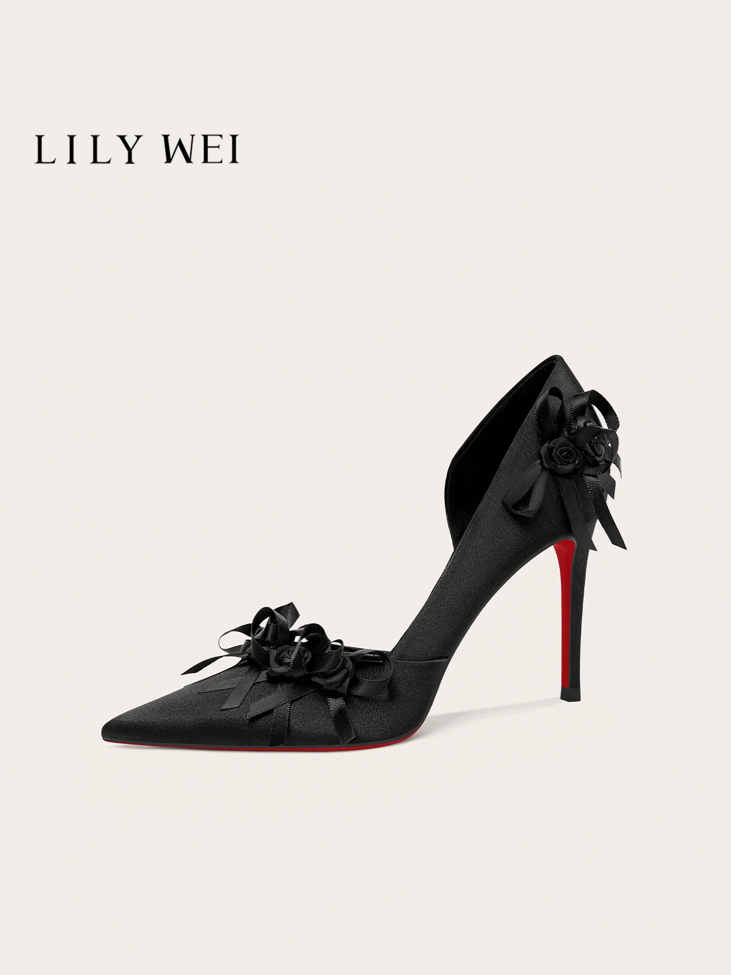 Spring/Summer New Pointed Side Empty Silk Rose Red Bottom Sandals Banquet Large Size Small Size Widening High Heels Women's Shoe