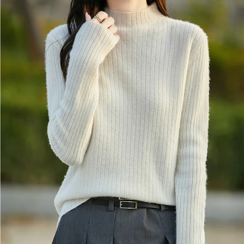 Autumn and Winter 100% Pure Wool Knitwear Women's Half Turtleneck Striped Knitwear Loose Slimming Look Knitwear Long-Sleeved War