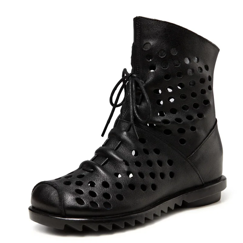 With a cowhide soft sole net boots summer ankle boots wedge heel hole boots casual new women's cold boots