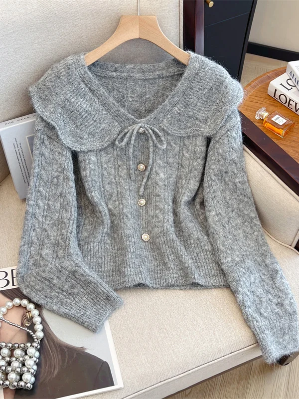 سترة نسائية محبوكة بمقاس كبير مع ياقة مكشكشة علوية Sle Sweet Youthful متعددة الاستخدامات من مزيج القطن الملون #4