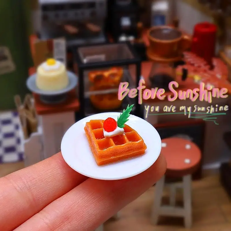 Adorable Mini Kitchen Waffle Milk Set (4 Pcs) - Handmade Doll House Accessories, Pretend Play Scene Props & Food Toys.