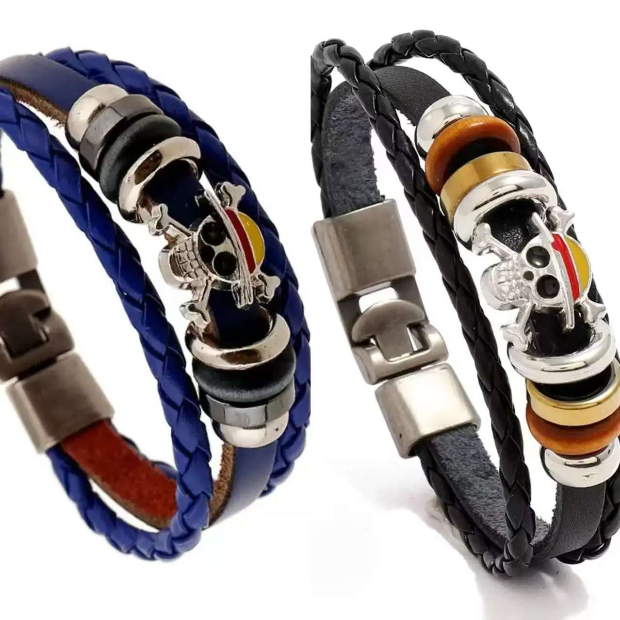2-teiliges Luffy Strohhut Anime Cosplay Gewebtes Leder-Armband Herren- und Damen-Streetwear Geschenkset – Detail 1