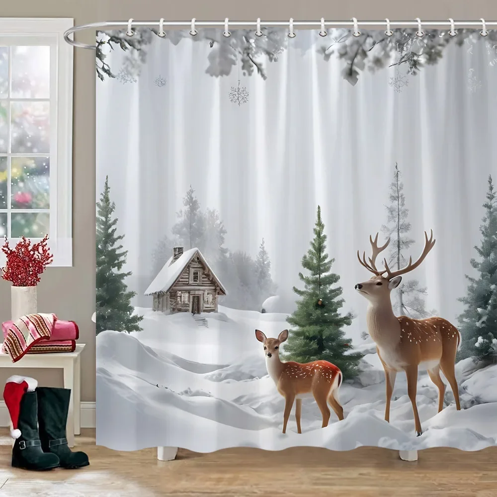 Winter Snow Forest Deer Shower Curtain Christmas Nature Landscape Christmas Gift Polyester Fabric Shower Curtains Bathroom Decor