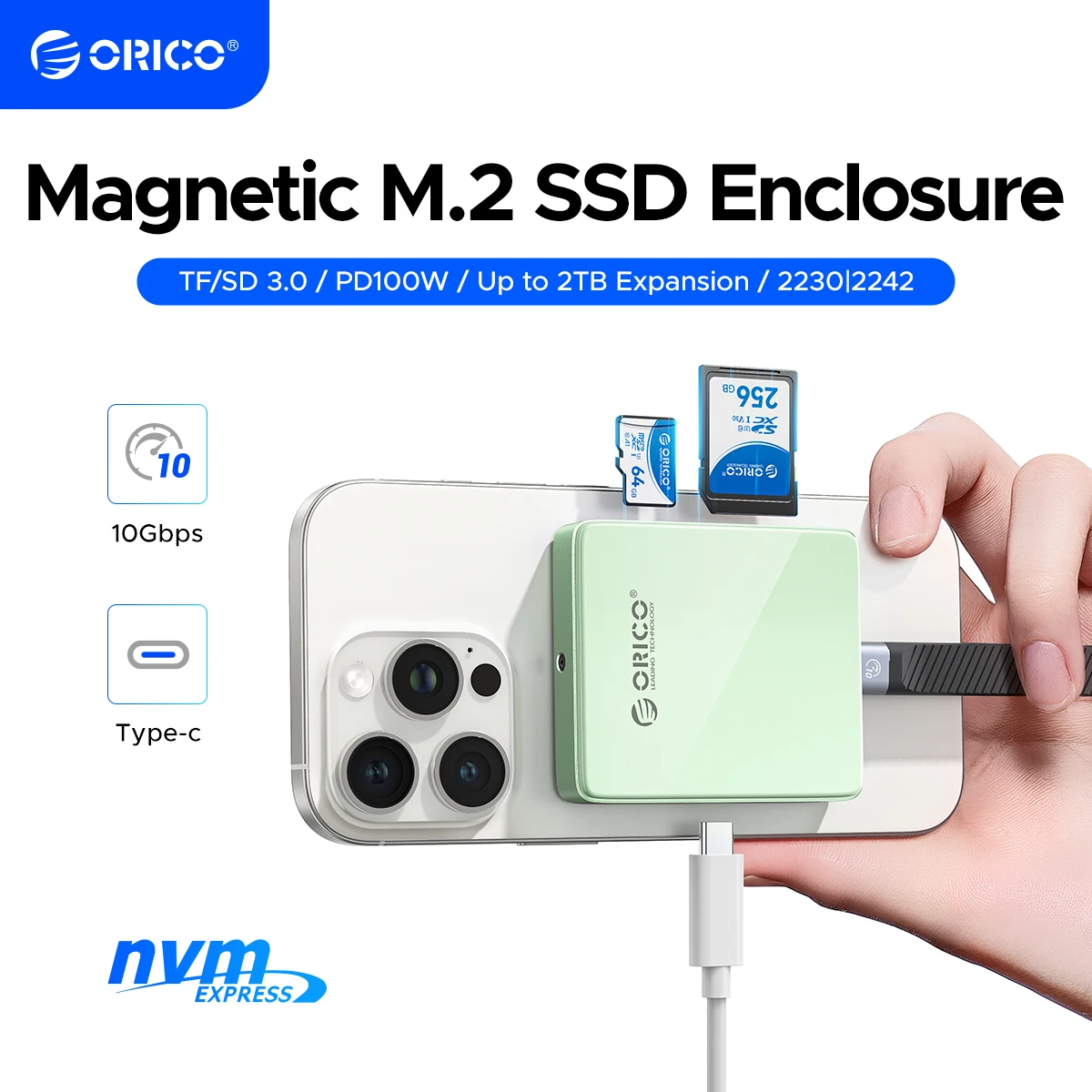 

Корпус ORICO SSD Внешний магнитный корпус SSD M.2 NVMe 2230 2242 Корпус для чтения карт TF с PD 100 Вт 10 Гбит/с для iPhone 16 17