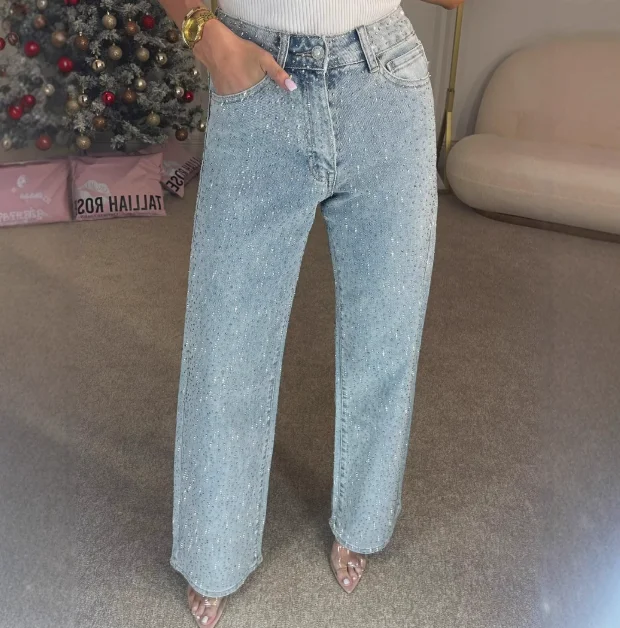 Full Diamond Washed Denim Jeans with High-End Feel, High Waist Straight Leg Pants, Spicy Girl Pants