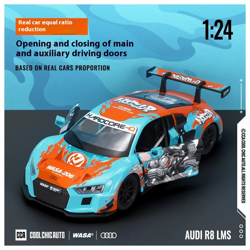 1:24 Audi R8 LMS WASA Joint Style Latte Art Supercar Alloy Metal Diecast Model Car Sound & Light Collection Hobby Birthday Gifts