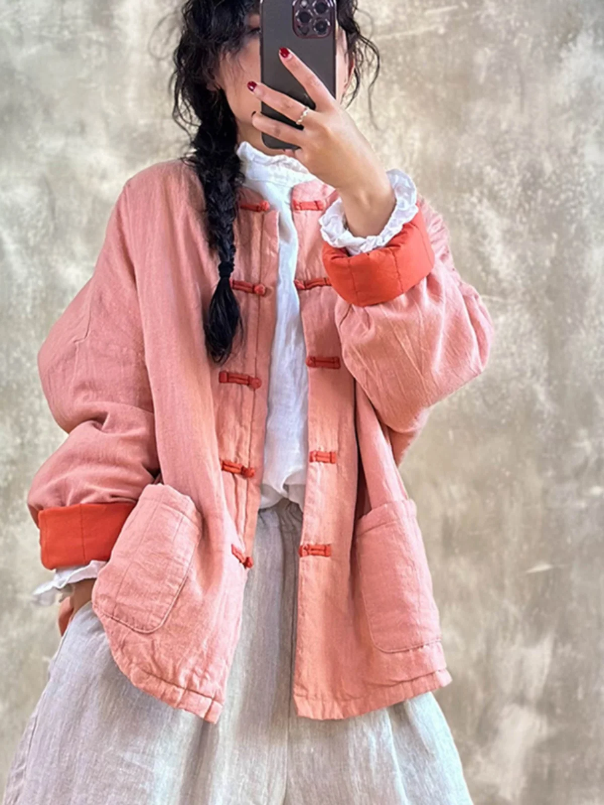 

Розовое хлопковое женское теплое пальто в стиле ретро в китайском стиле на пуговицах, свободное длинное пальто с воротником-стойкой, традиционное пальто...