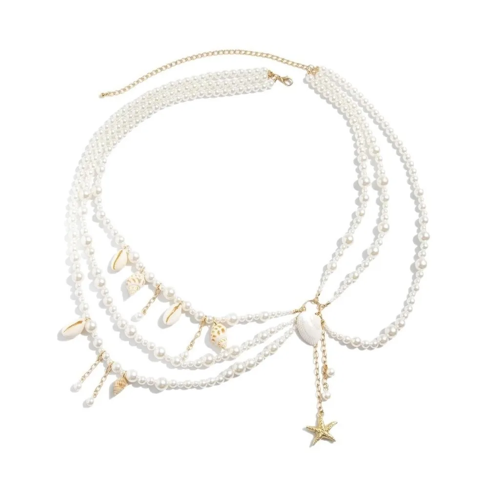 Multilayer Pearl Waist Chain Starfish Shell Pendant Stylish Body Chain Belt Tassel Elegant Waist Accessories Photography