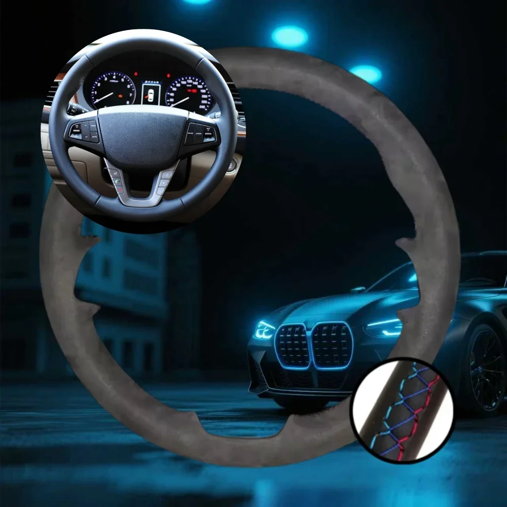 

Customized Car Steering Wheel Braiding Cover For Hyundai Mingtu 2021 Suede Leather Car Accessories Hand-sewn Steering Wrap