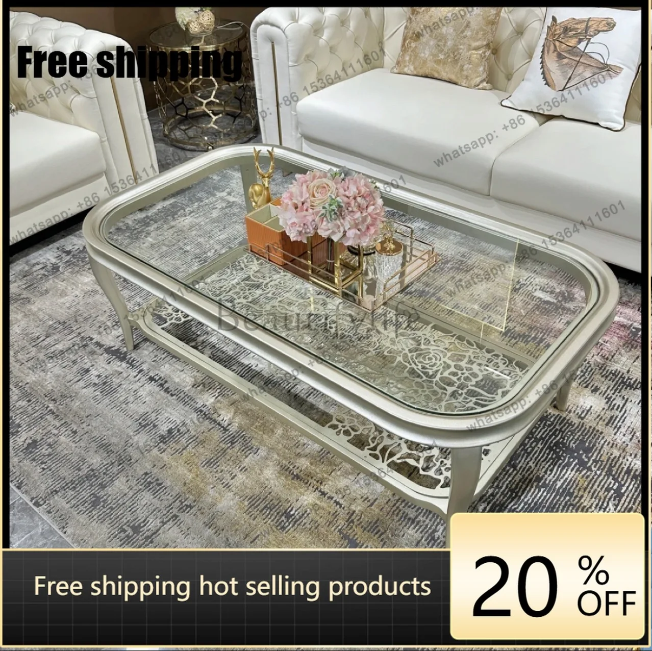 hot American light luxury long coffee table premium solid wood champagne gold champagne silver coffee table