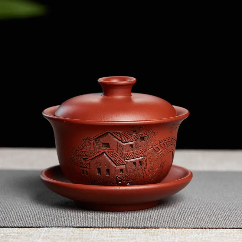 Engraving Gaiwan Tureen Ceremony Infuser Yixing Purple Sand Cup Cover Bowl Single Tea Cup Large Vintage Ceramic Kung Fu Set