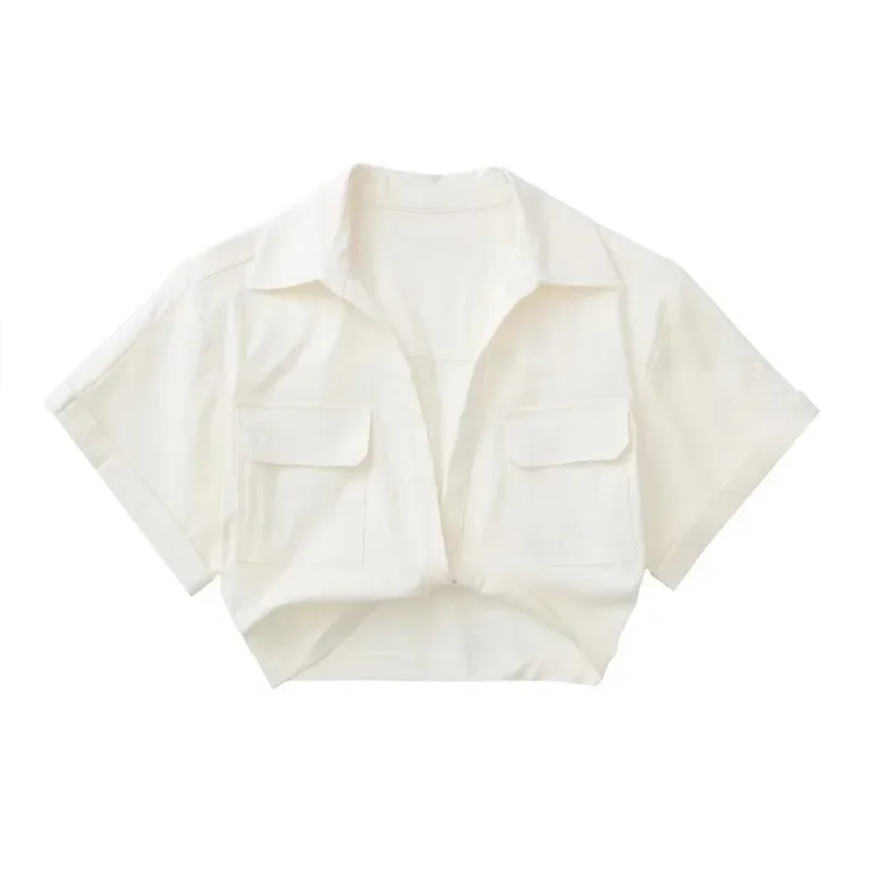 

Женские модные эластичные льняные укороченные рубашки с узлом спереди, винтажные женские блузки с короткими рукавами и накладными карманами, Blusa, шикарные топы