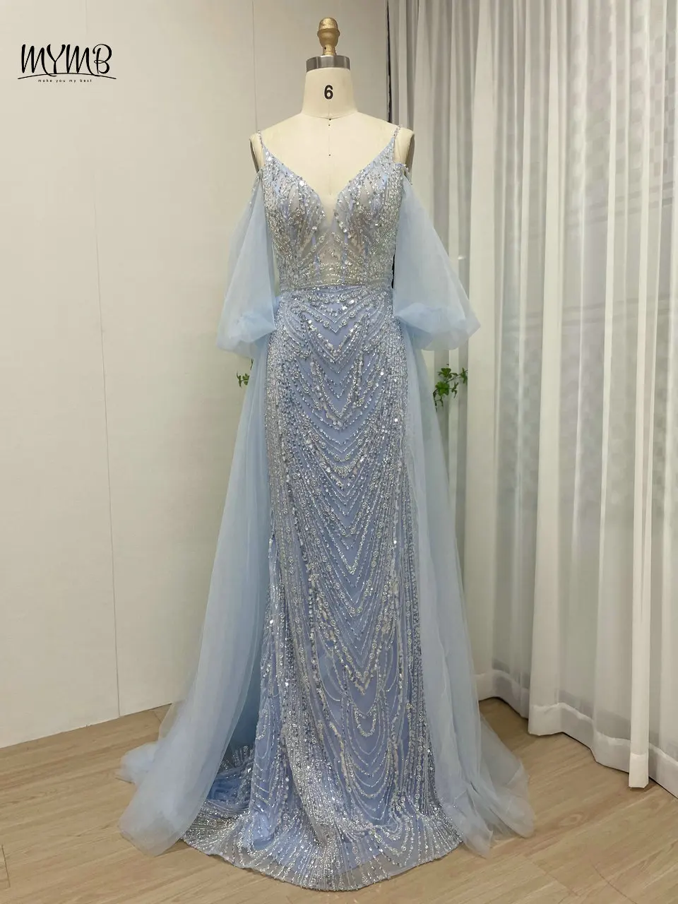 

MYMB Light Blue Elegant Puff Sleeves Mermaid Evening Dresses for Women Wedding Party Arabic Gorgerous V Neck Beaded Formal Gowns