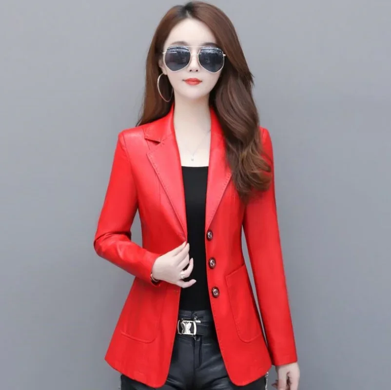 Blazer kulit wanita, mantel pendek kulit domba kecil kerah Slim pinggang, jas klasik mode musim semi musim gugur