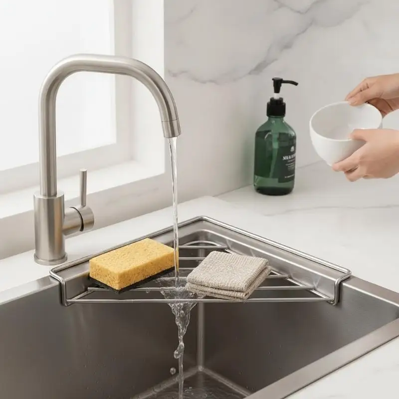 Stainless Steel No Drilling Sink Caddy Triangle Corner Storage Rack Holds Sponge Dish Cloth Kitchen Sink Accessory