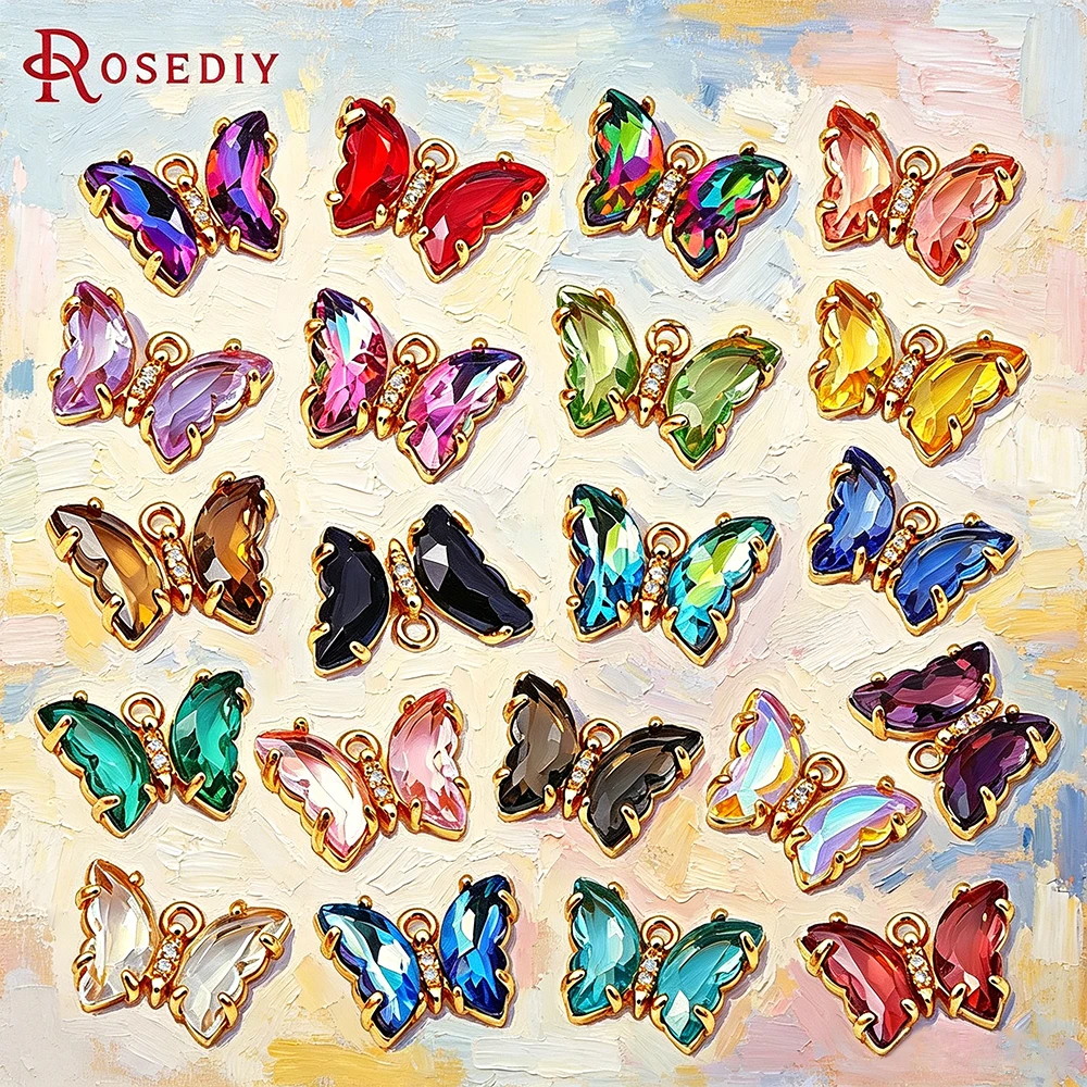 10PCS 18K Gold Color Brass and Zircon and Glass Butterfly Charms Pendants High Quality Jewelry Diy Accessories Necklace Earrings