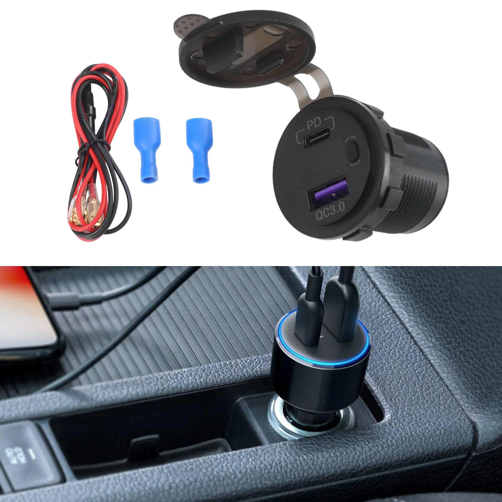 Outdoor Charging USB Car Charger 2-Port USB Charger Dustproof Waterproof Fire-resistant Material LED Voltmeter Display