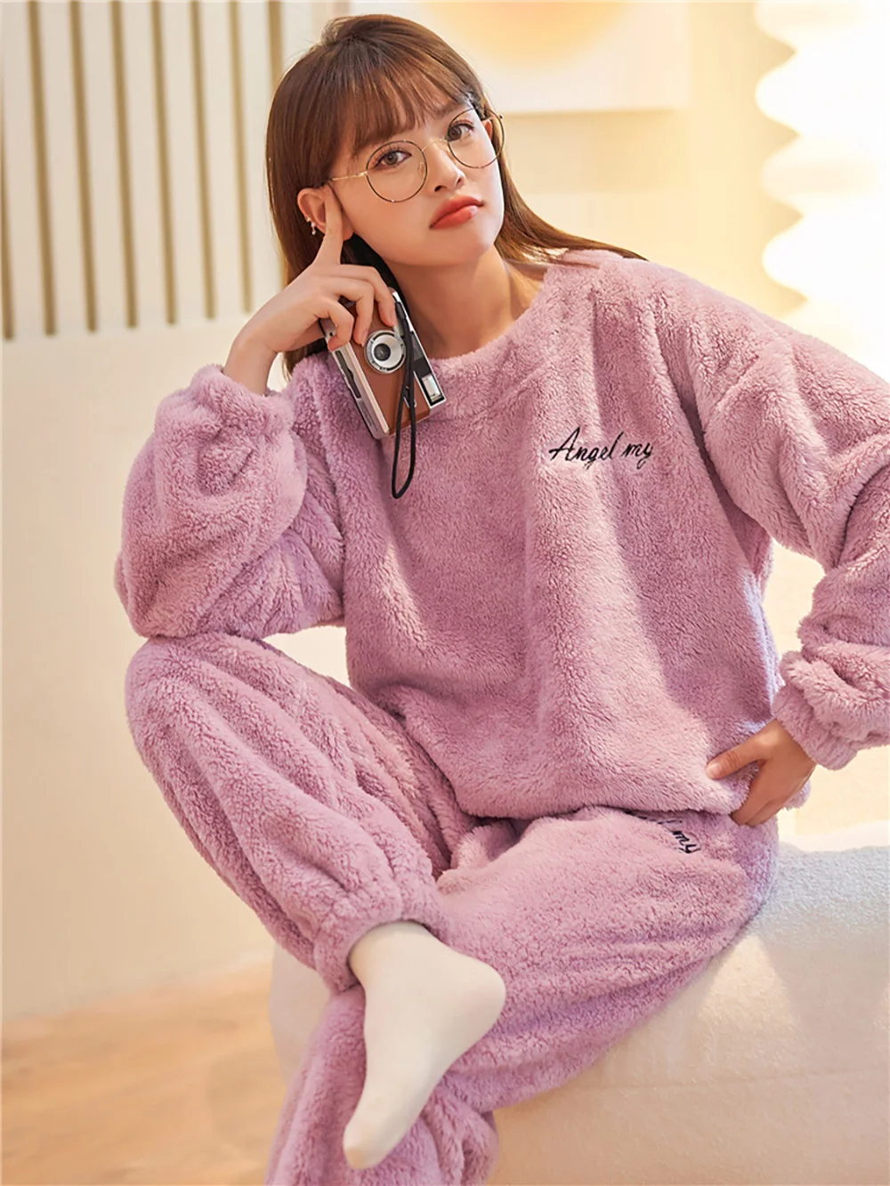 Solid Color Simple Long-Sleeved Warm Pullover Flannel Pajamas Set Winter New Simple Comfort Thick Women's Home Night-Clothes