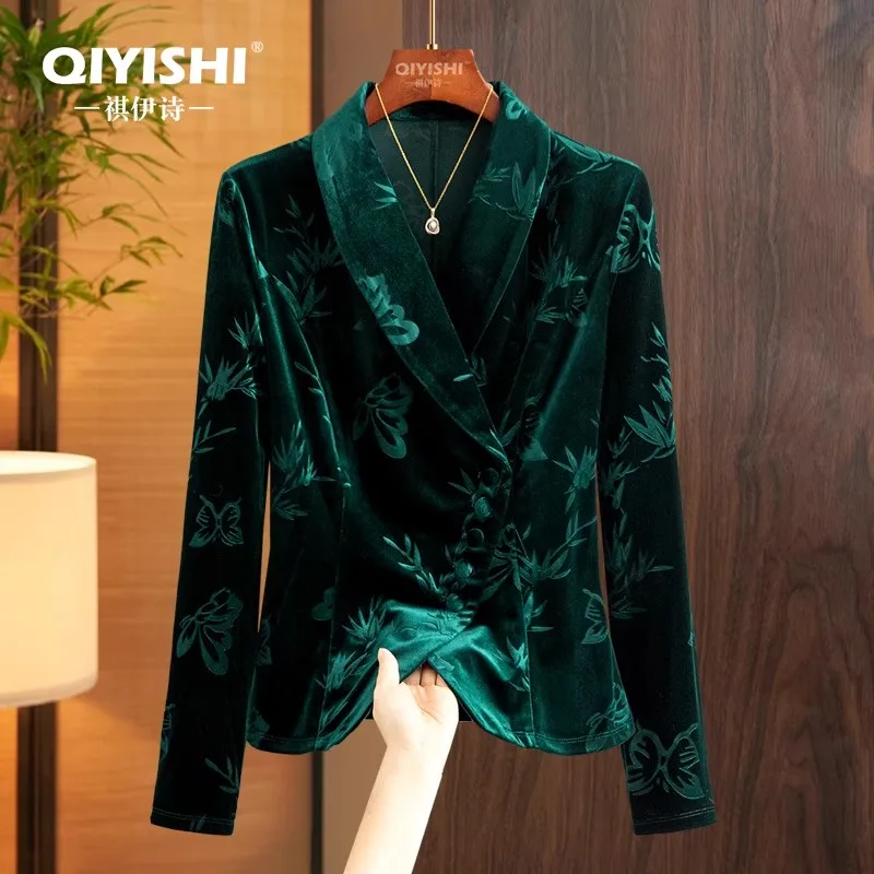 

Женский костюм с воротником, зеленая велюровая блузка, осень 2022, новые элегантные тонкие винтажные повседневные рубашки с тиснением, офисный женский топ