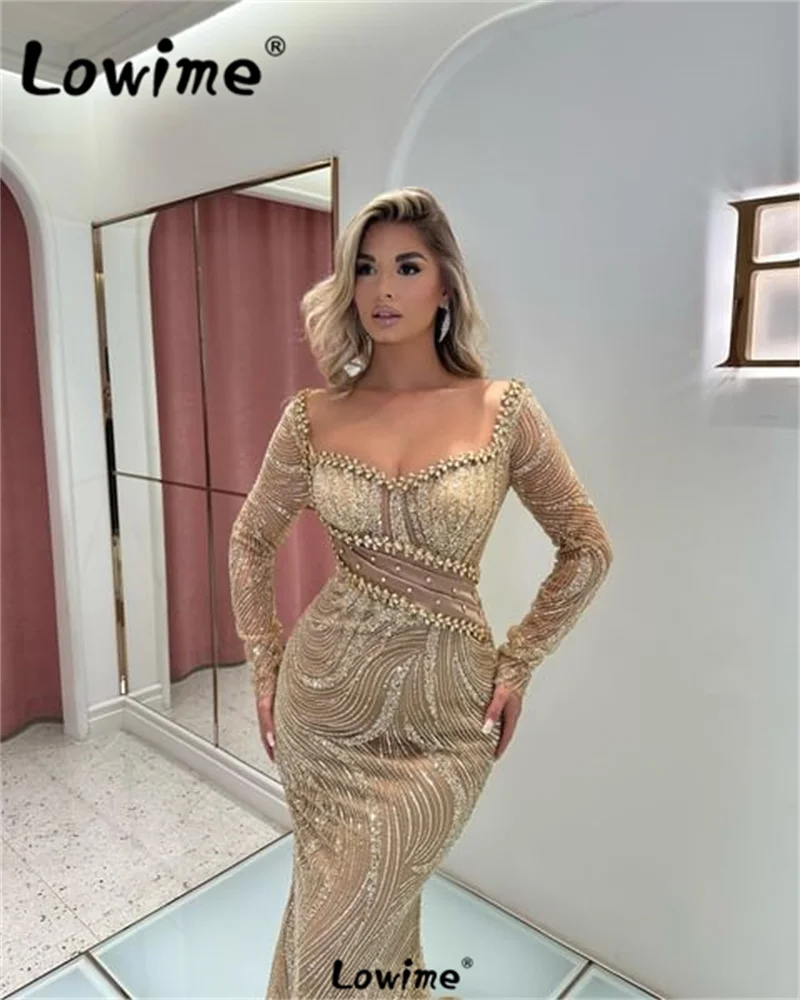 Lowime Champagne Long Sleeve Dresses For Woman Arabic Evening Dresses 2024 Mermaid Crystals Wedding Party Dress Robes De Soirée