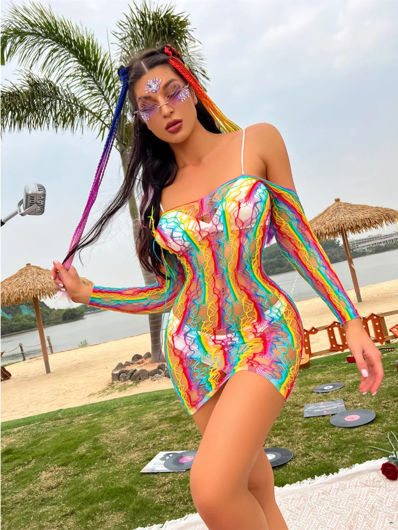 

Fashion Colorful Stripe Mini Dress Slit Slim Backless Party Beach Vacation Women Robe Bodycon Mini Dress