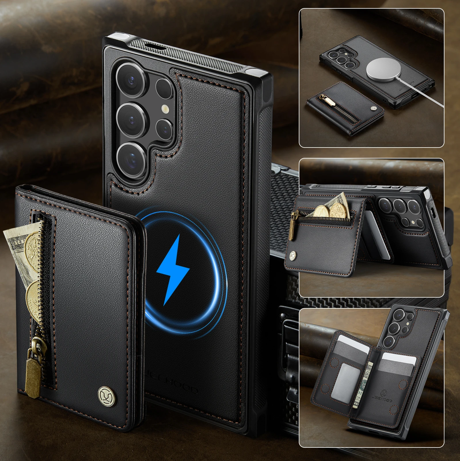 JEEHOOD-J12 2-in-1 Removable Magnetic Premium PU Leather Case for Samsung Galaxy S26 S25 S24 S23 S22 S21 FE S20 Ultra Plus Cover
