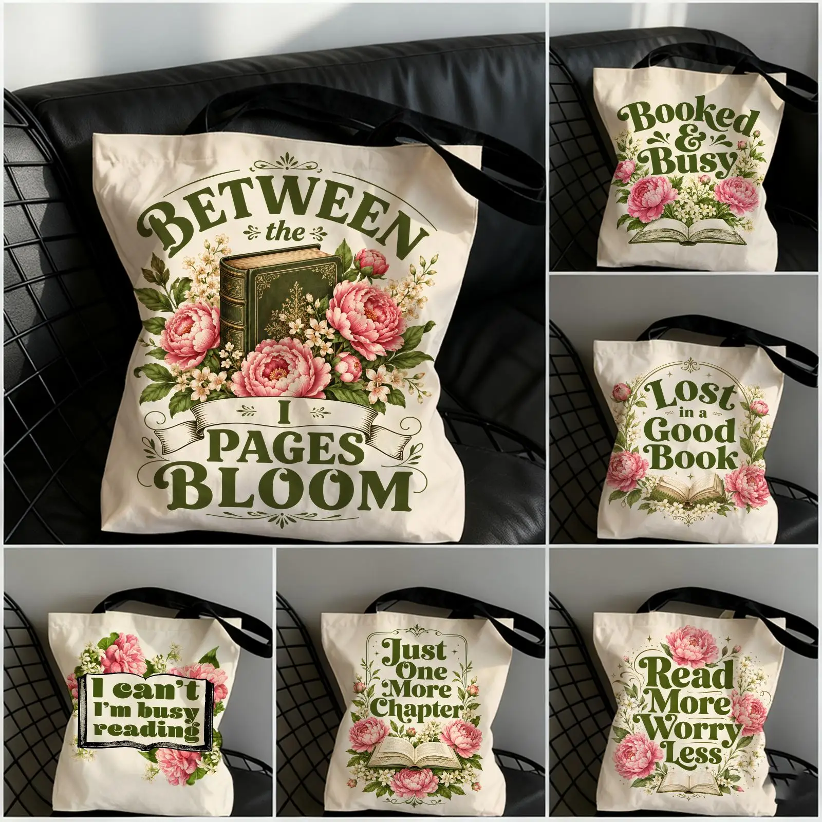 I Can't I'm Busy Reading Storage Bags Large Capacity Canvas Tote Bag Double-Sided Print Shoulder Handbag for Daily Shopping