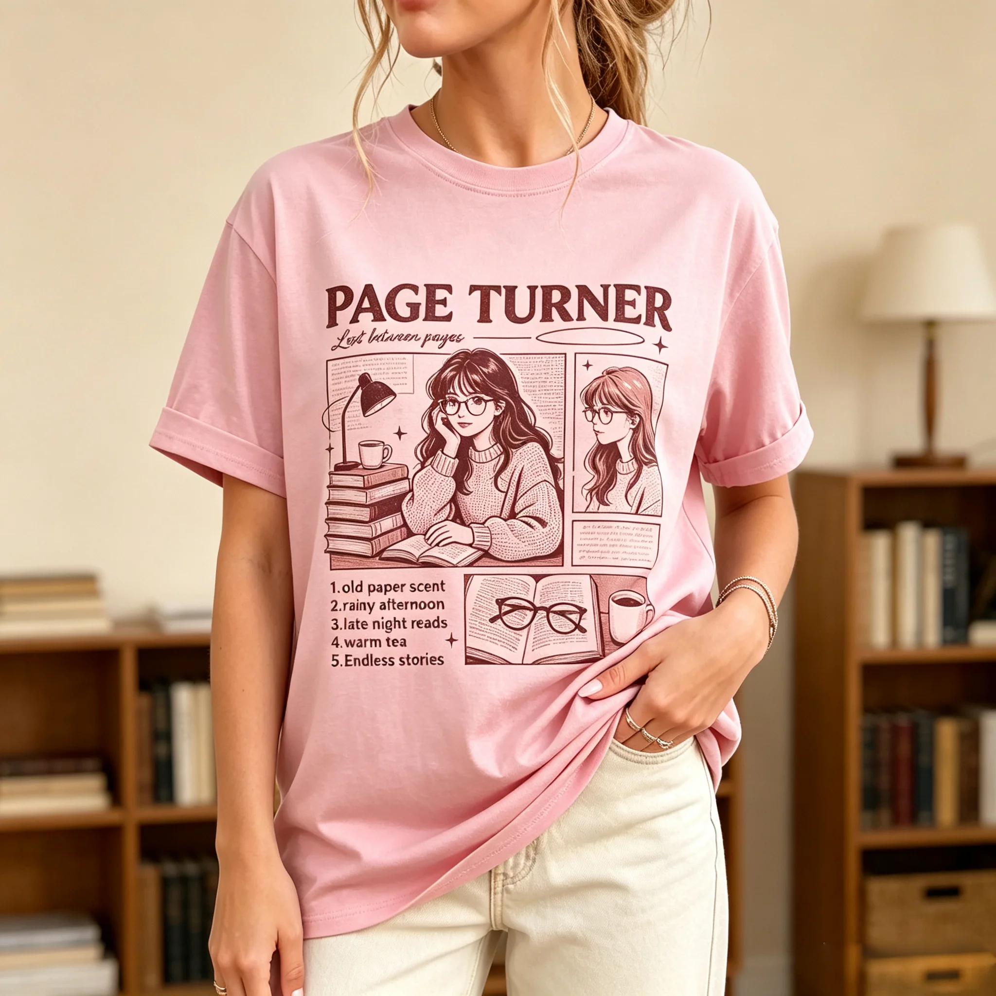 Page Turner Book Lover Girl Reading Graphic T Shirt Vintage Bookish Art Print Women Short Sleeve Casual Everyday Tee