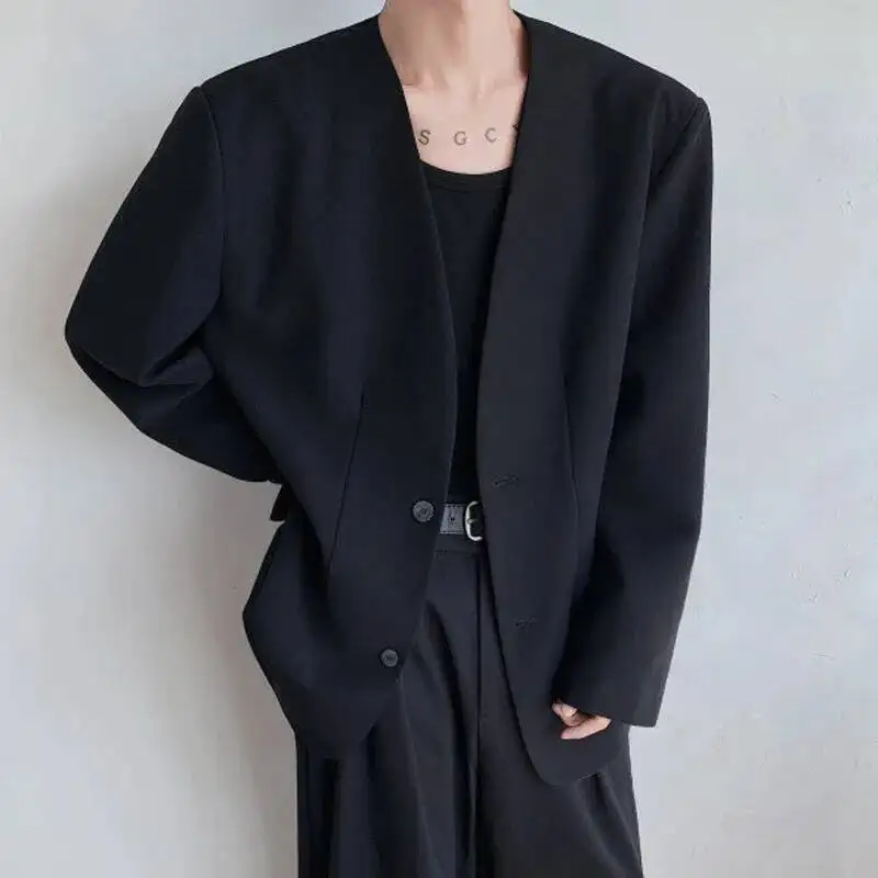 WTHT Trendy Men's Shoulder Pads Solid‘ Color Loose Blazer Coat Fashion 2025 Summer Double Buckle Long Sleeves Jacket Male 2A0523