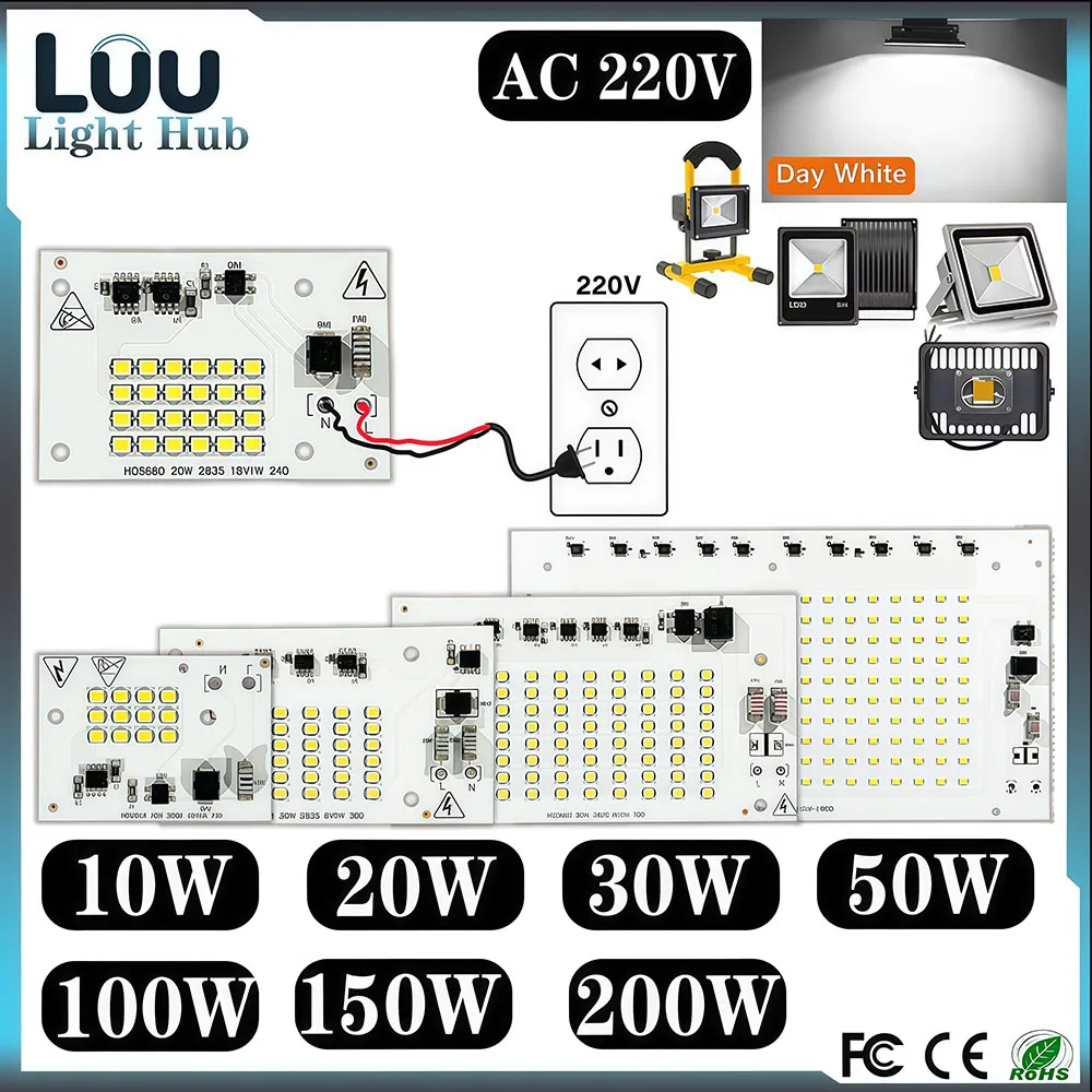 1PCS SMD2835 LED Chip 200W 100W 50W 30W 20W 10W Flood Light Beads AC 220V Led Floodlight Lamp DIY For Outdoor Lighting Spotlight