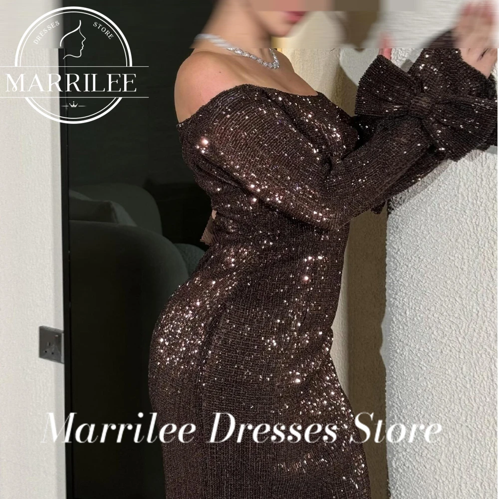 

Marrile Customized Off - shoulder Chocolate Brown Sequin Gown with Long Bell Sleeves and a Dramatic Bow Detail The Back Feature
